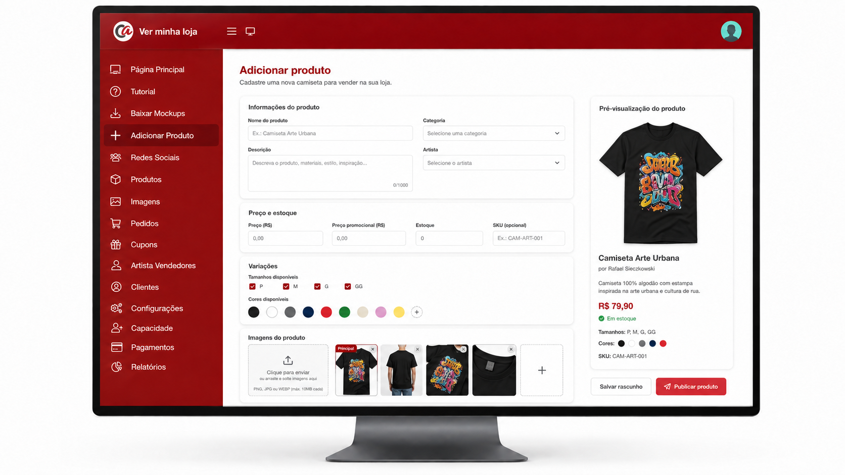 Parte pública do marketplace CamisArtes com a descoberta de produtos