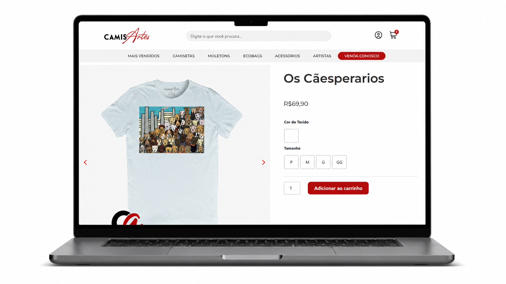 Área de artistas e produtos do marketplace CamisArtes