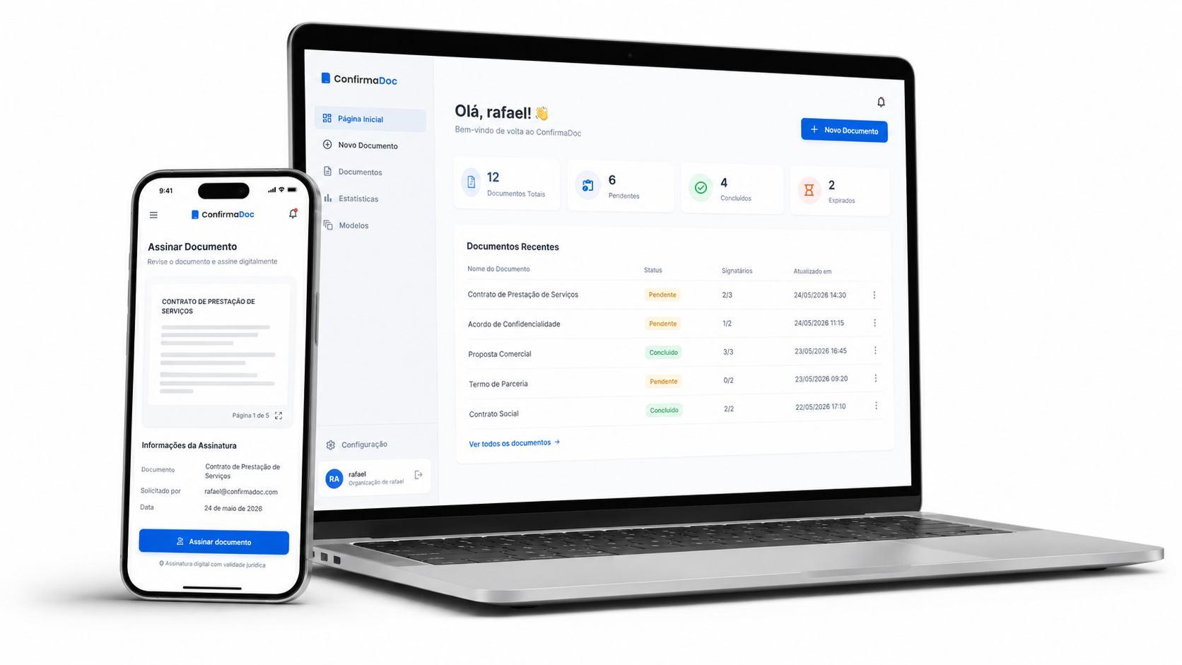 Painel do ConfirmaDoc em um notebook e a assinatura de um documento no celular