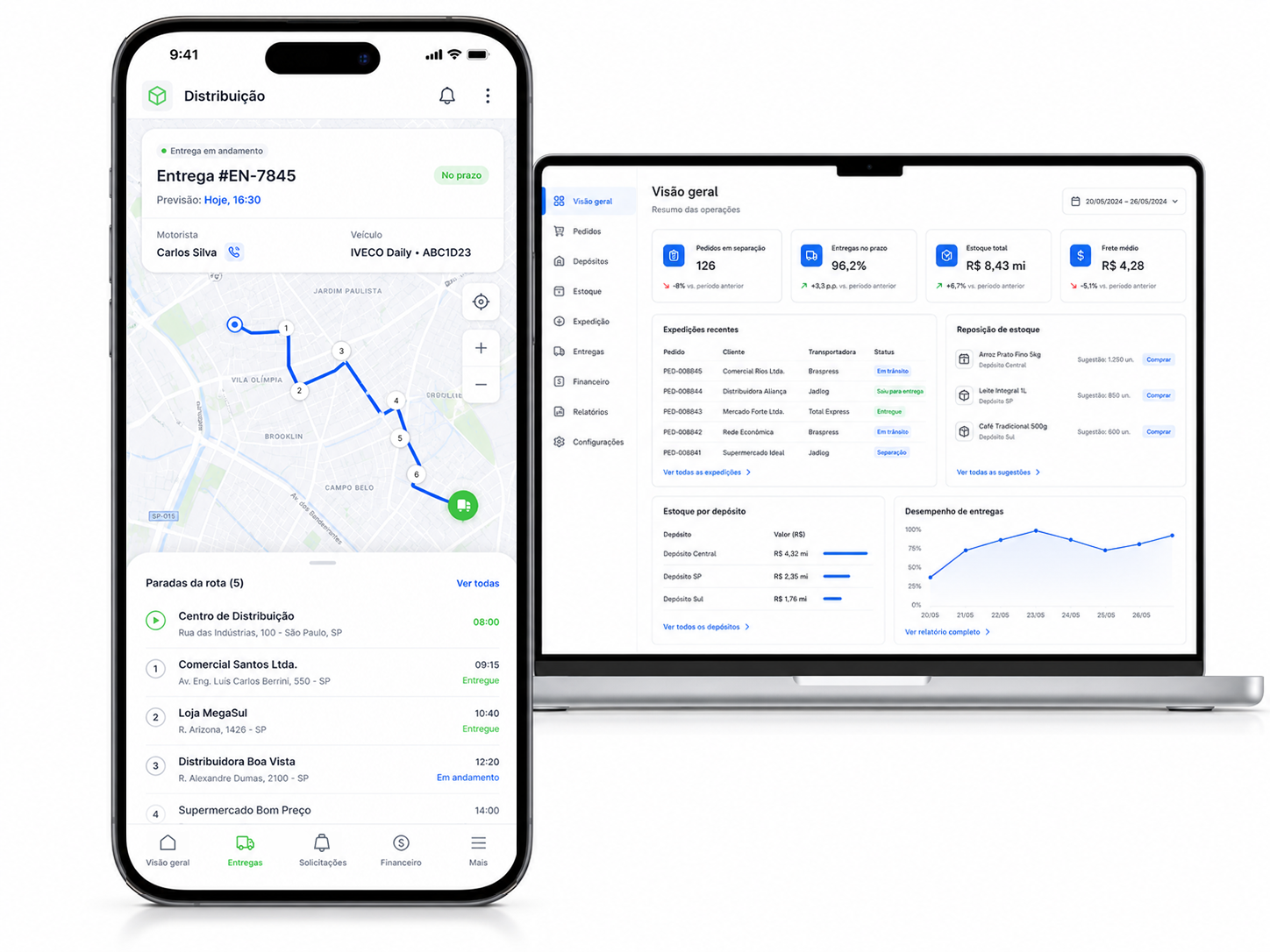 App de distribuição com rota, paradas e status das entregas