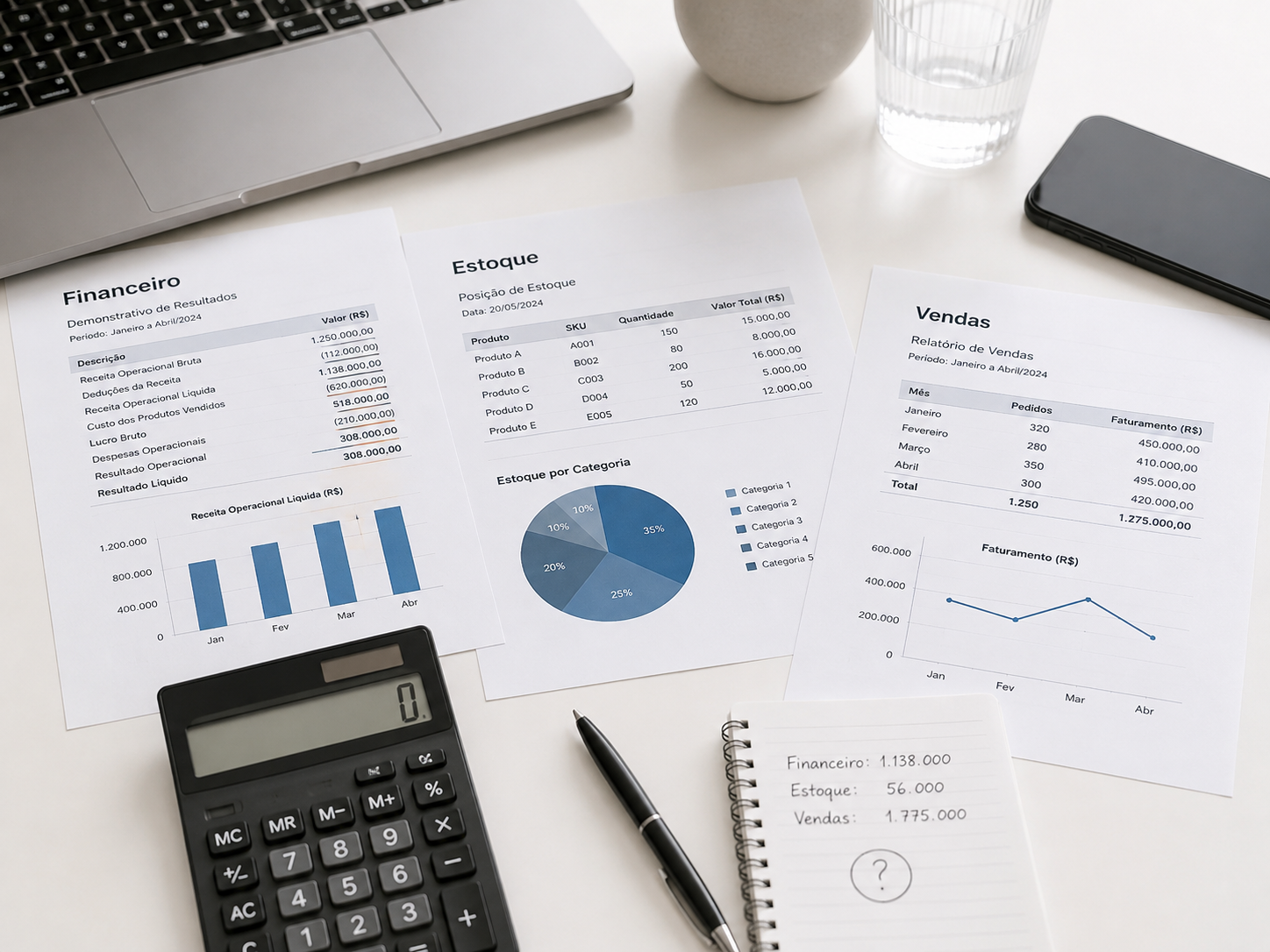 Relatórios financeiros, de estoque e de vendas espalhados sobre a mesa