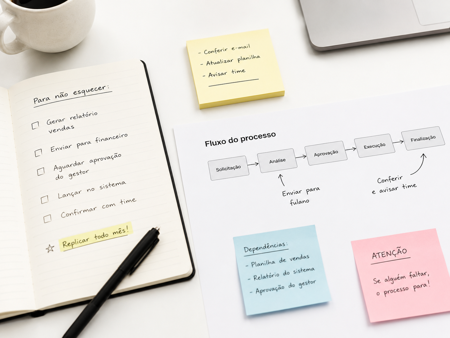 Caderno com checklist manual e fluxo de processo anotado em post-its