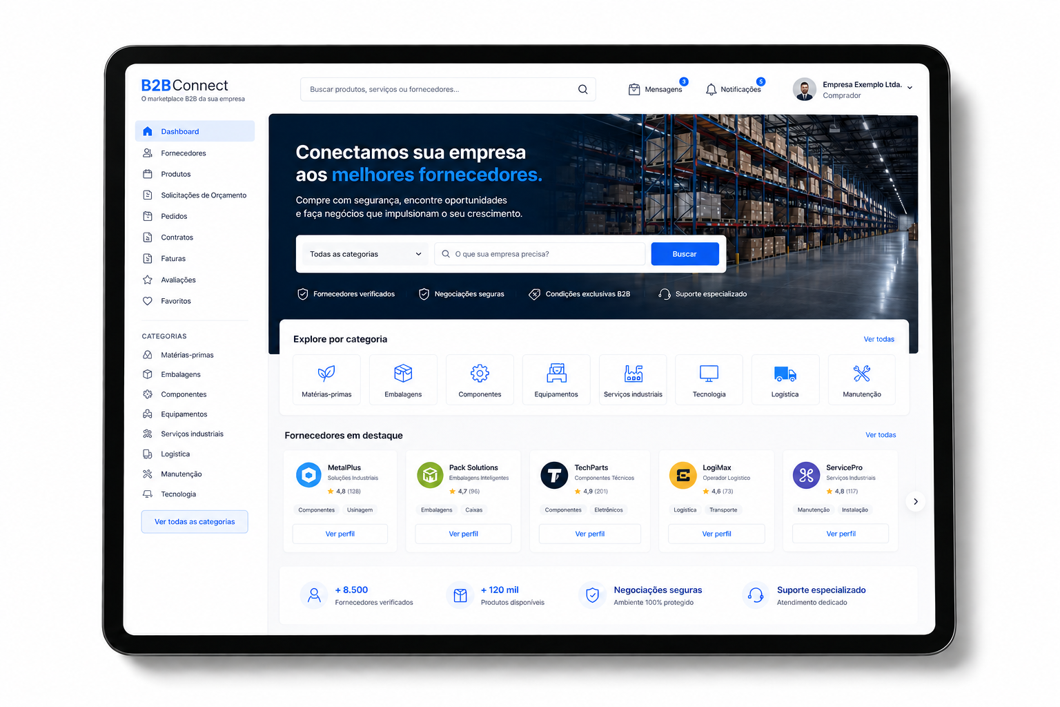 Marketplace B2B em um tablet, com fornecedores verificados, categorias industriais e solicitações de orçamento