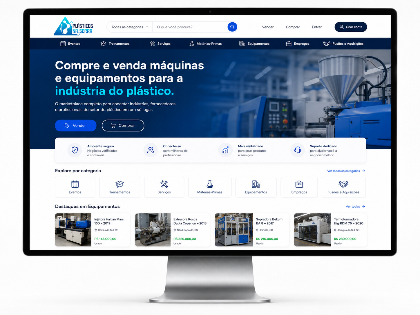 Marketplace nichado da indústria do plástico, com categorias próprias do setor e anúncios de equipamentos