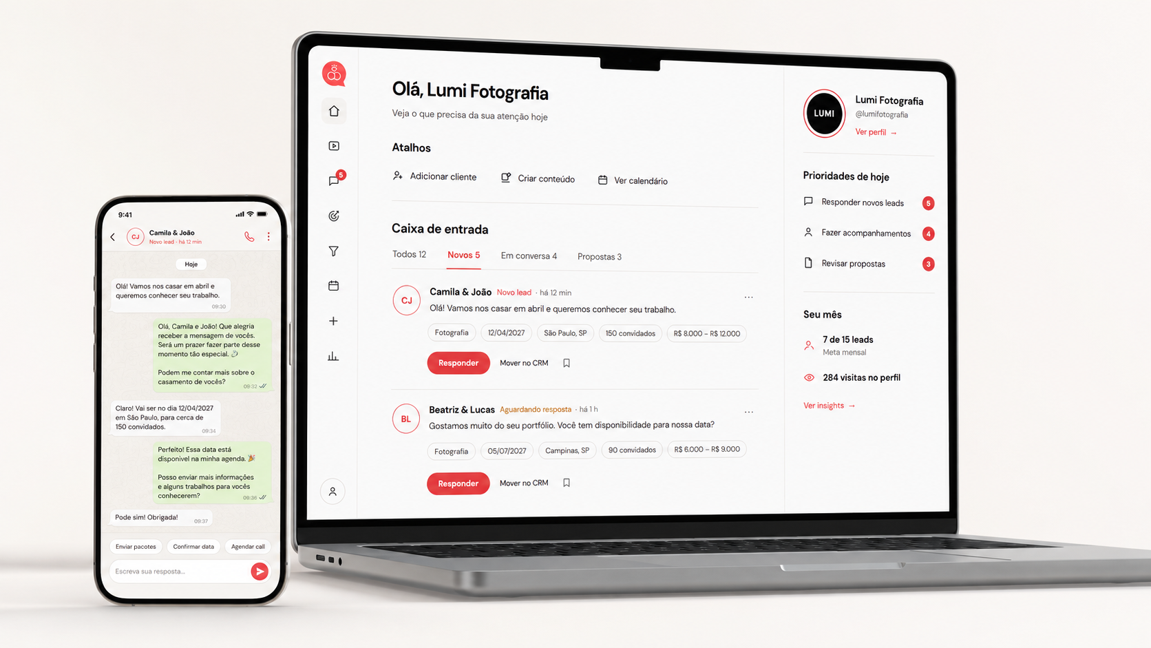 Painel do fornecedor no Noivei com caixa de entrada de leads em um notebook