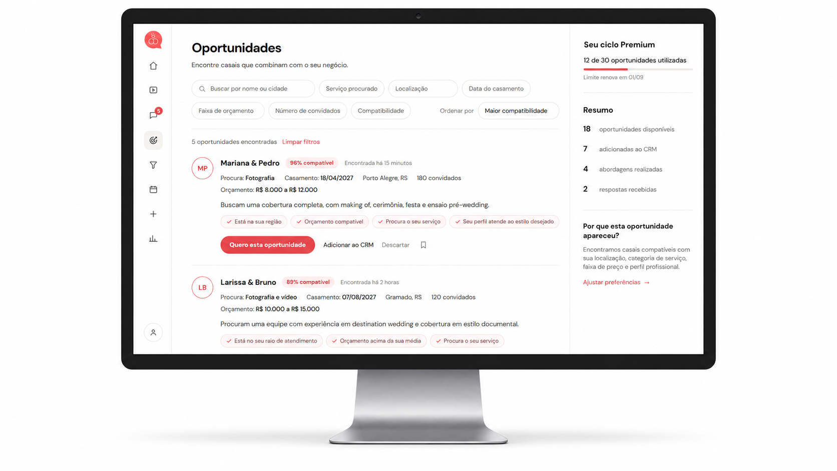Página de Oportunidades do Noivei com casais compatíveis em um monitor