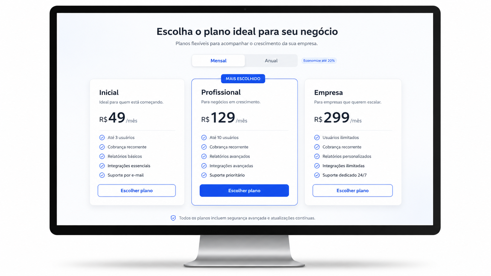 Tela de planos e assinatura exibida em um monitor