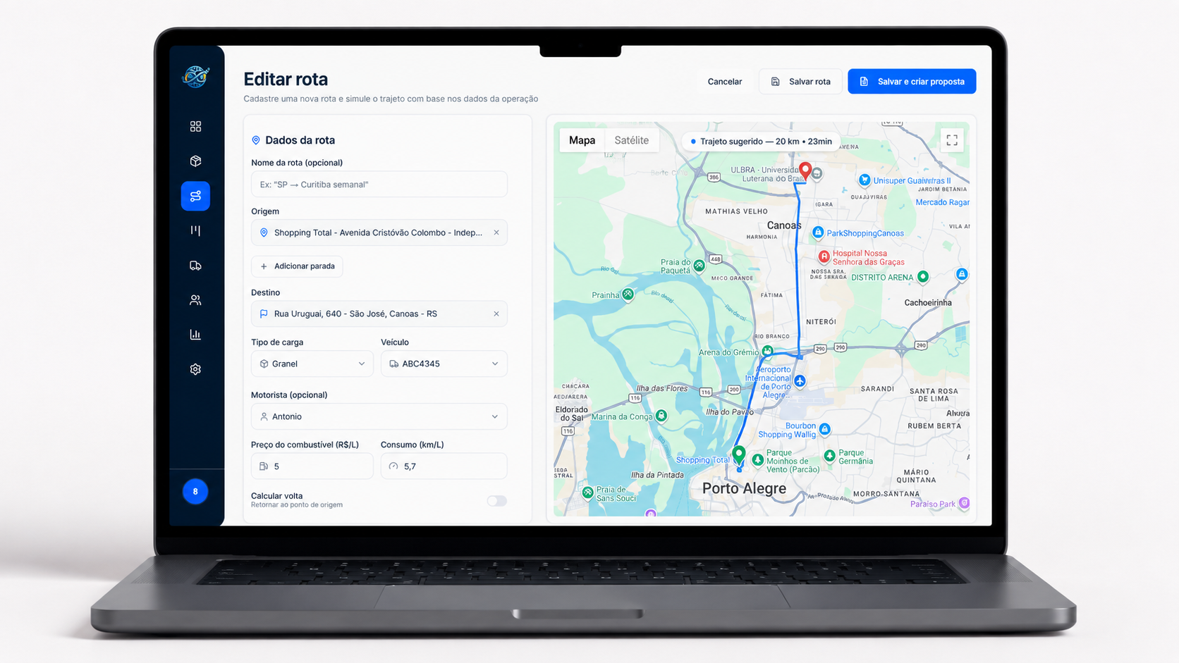 Tela de edição de rota da XRotas com mapa e dados da operação em um notebook